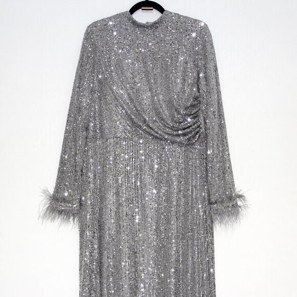 Arma Cool Silver Glitter Sequin Long Sleeve Maxi Dress Size 16 - Picture 4 of 12